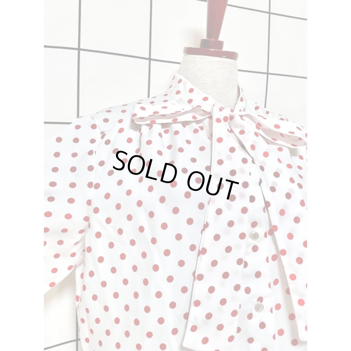 画像6: ドット リボンタイ UNIONMADE ホワイト レッド レトロ シャツ ヴィンテージブラウス (6)