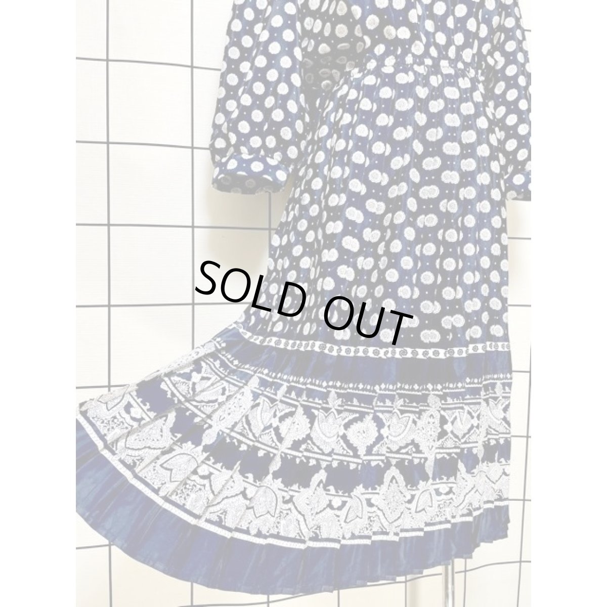 画像9: レース襟 プリーツ切り替え ドット 花柄 ネイビー レトロ アメリカ古着 ヴィンテージワンピース  (9)