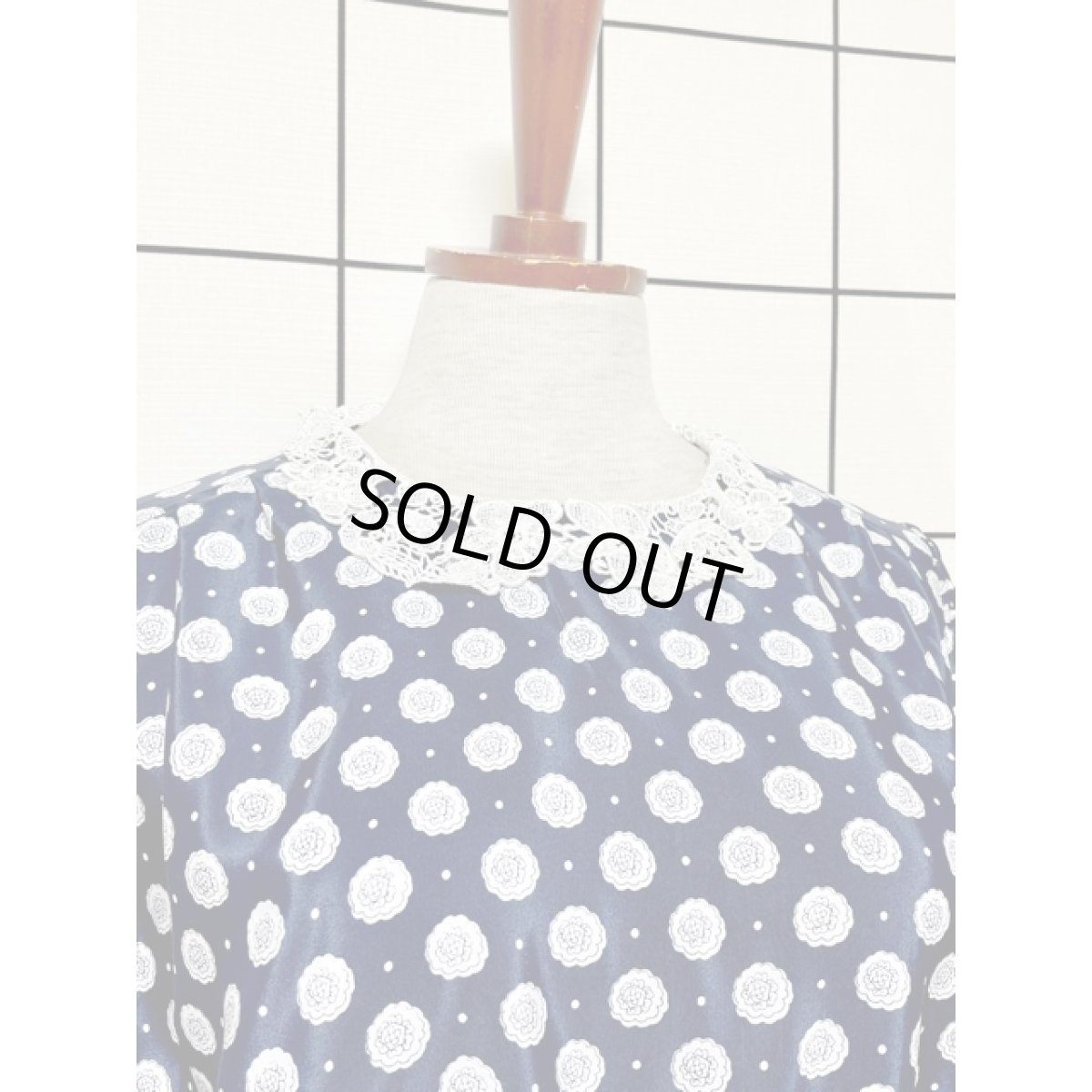 画像5: レース襟 プリーツ切り替え ドット 花柄 ネイビー レトロ アメリカ古着 ヴィンテージワンピース  (5)