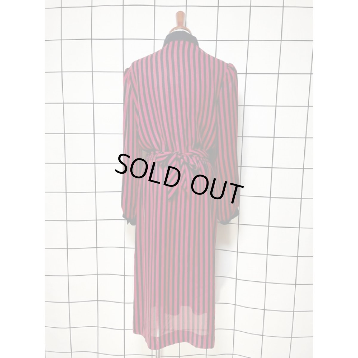 画像2: ストライプ リボン紐ベルト ウエストゴム レトロ アメリカ古着 ヴィンテージワンピース (2)