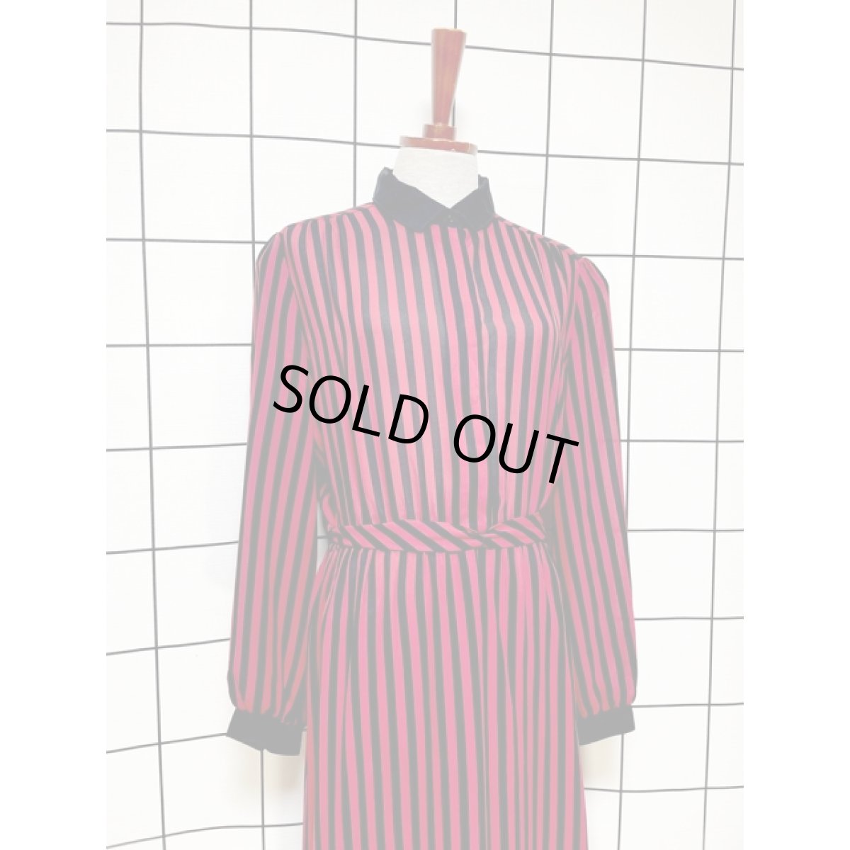 画像4: ストライプ リボン紐ベルト ウエストゴム レトロ アメリカ古着 ヴィンテージワンピース (4)