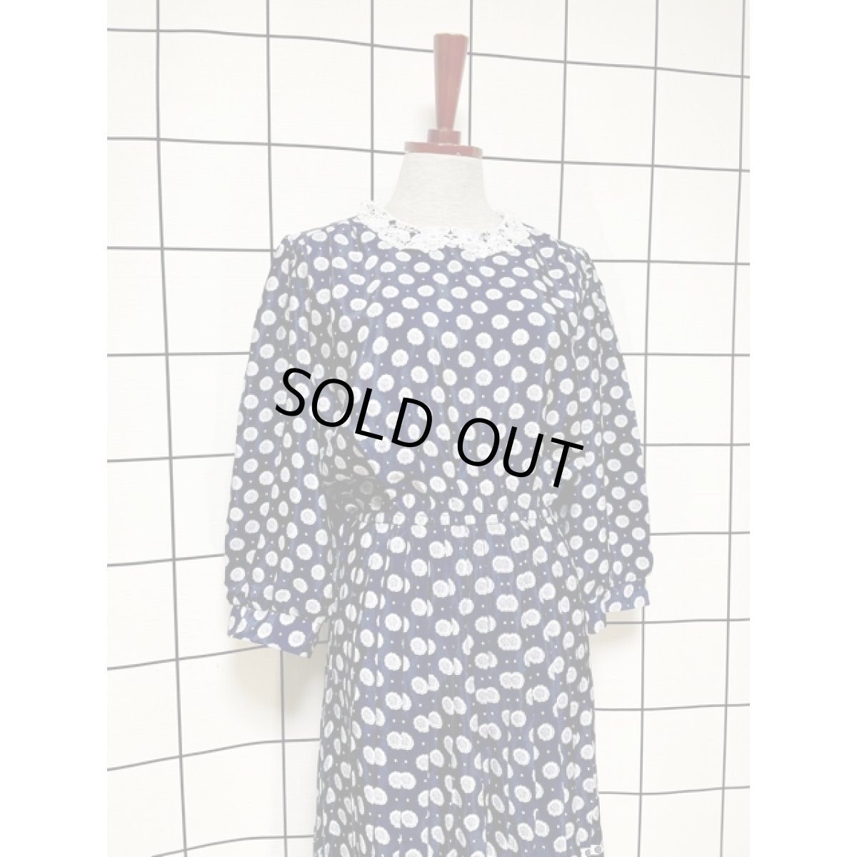 画像3: レース襟 プリーツ切り替え ドット 花柄 ネイビー レトロ アメリカ古着 ヴィンテージワンピース  (3)