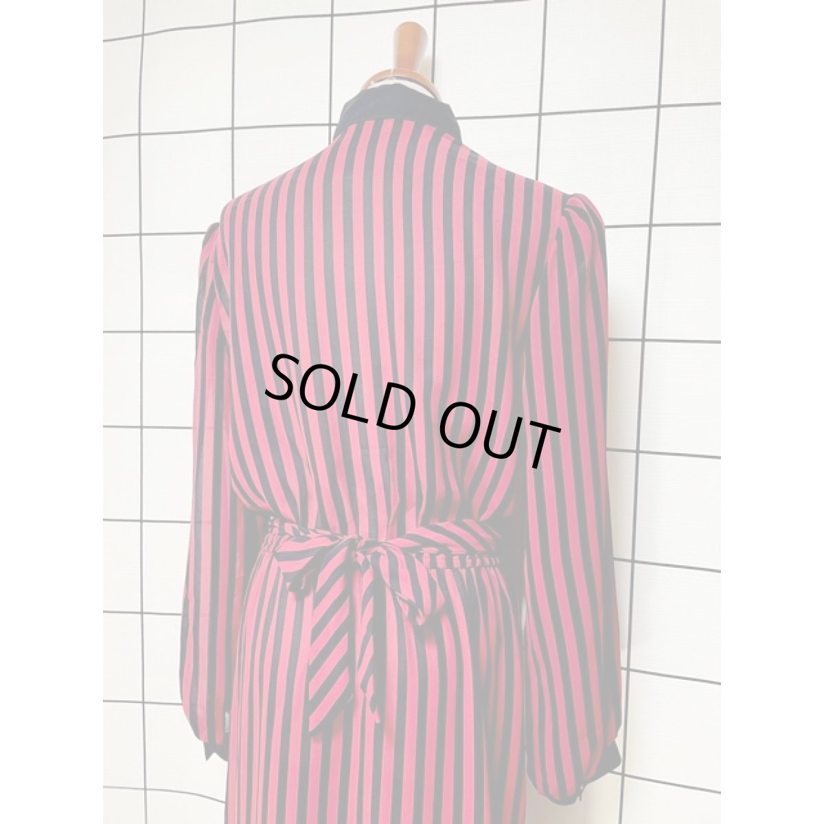 画像3: ストライプ リボン紐ベルト ウエストゴム レトロ アメリカ古着 ヴィンテージワンピース (3)