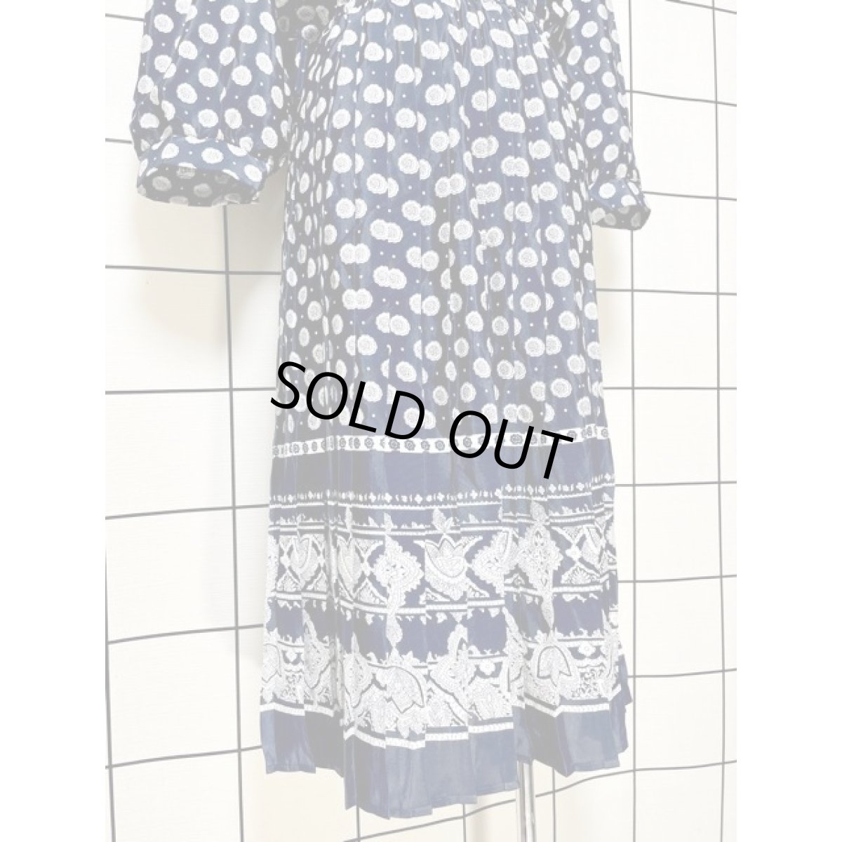 画像8: レース襟 プリーツ切り替え ドット 花柄 ネイビー レトロ アメリカ古着 ヴィンテージワンピース  (8)