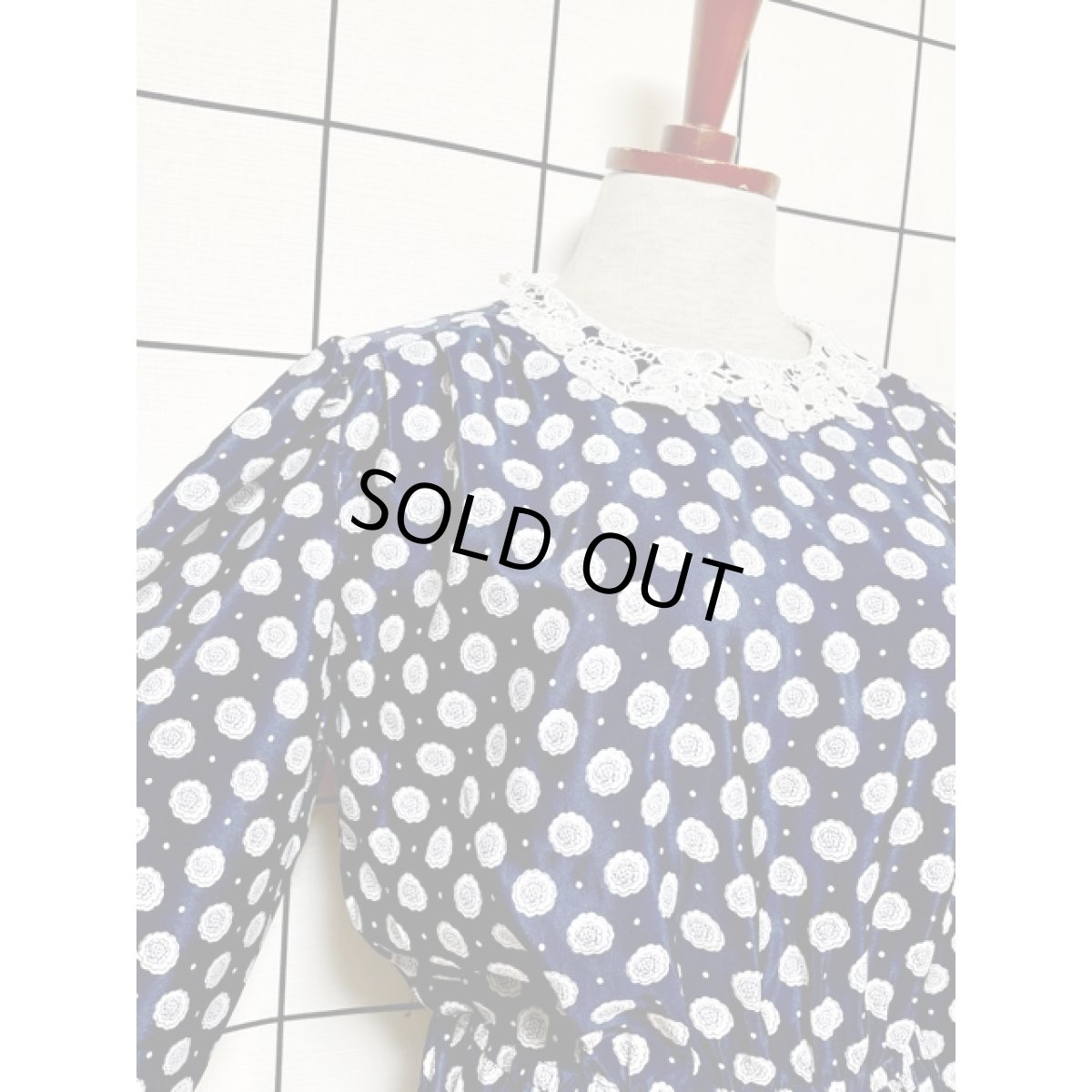 画像6: レース襟 プリーツ切り替え ドット 花柄 ネイビー レトロ アメリカ古着 ヴィンテージワンピース  (6)