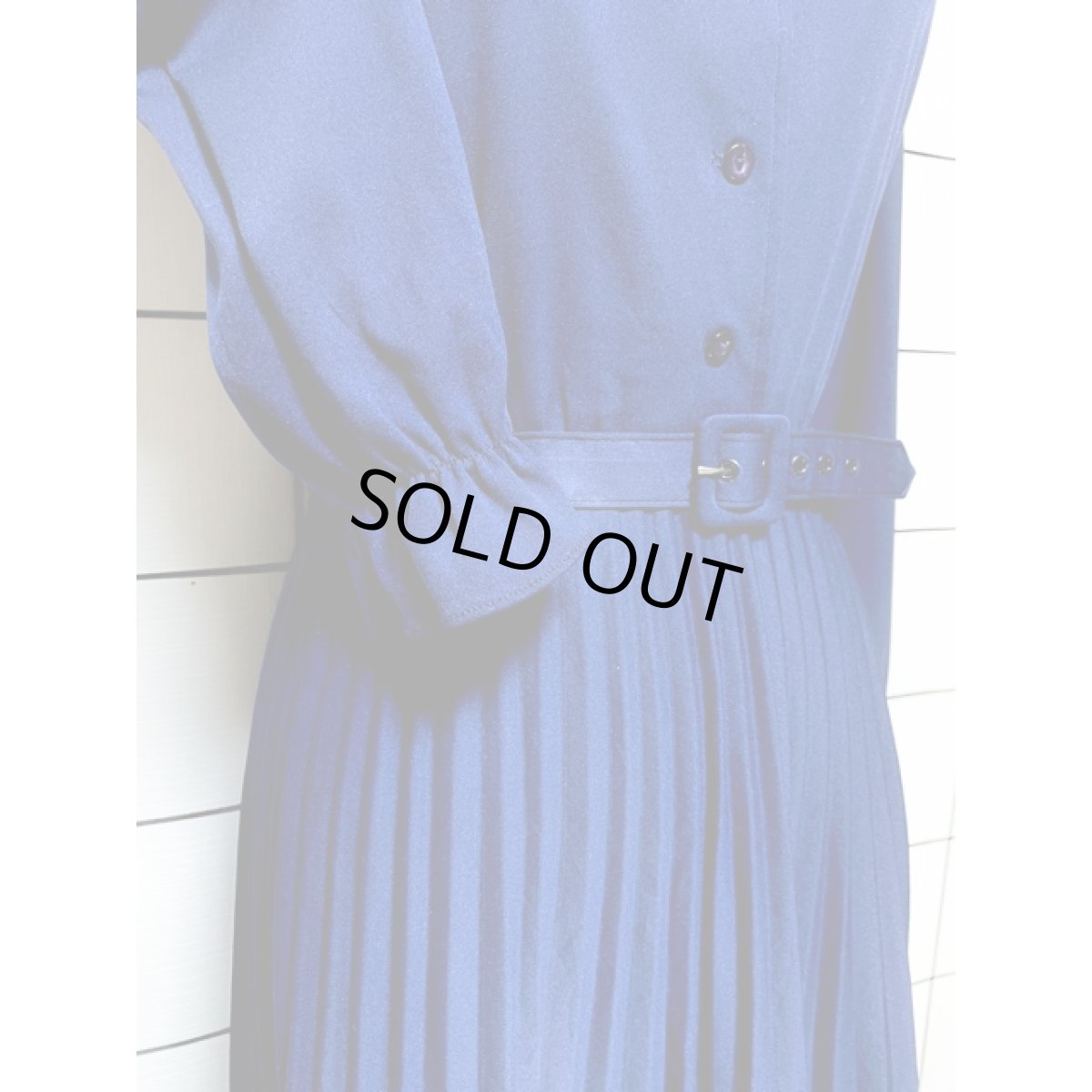 画像7: フロントフリルリボンタイ プリーツ切り替え ネイビー ウエストゴム レトロ アメリカ古着 ヴィンテージワンピース (7)