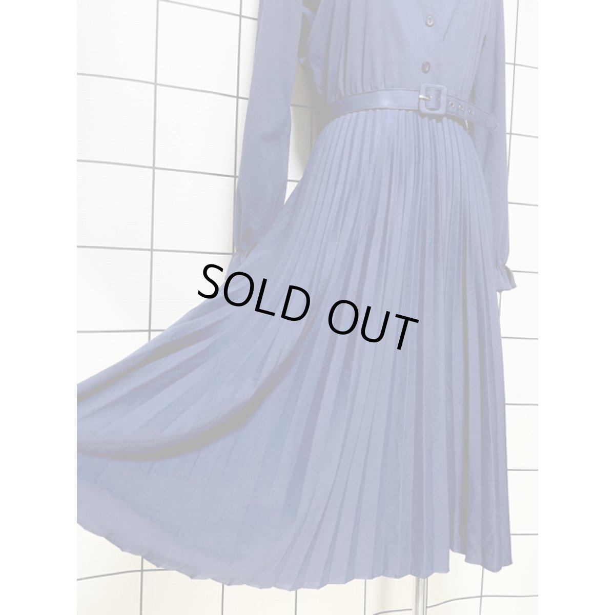 画像9: フロントフリルリボンタイ プリーツ切り替え ネイビー ウエストゴム レトロ アメリカ古着 ヴィンテージワンピース (9)