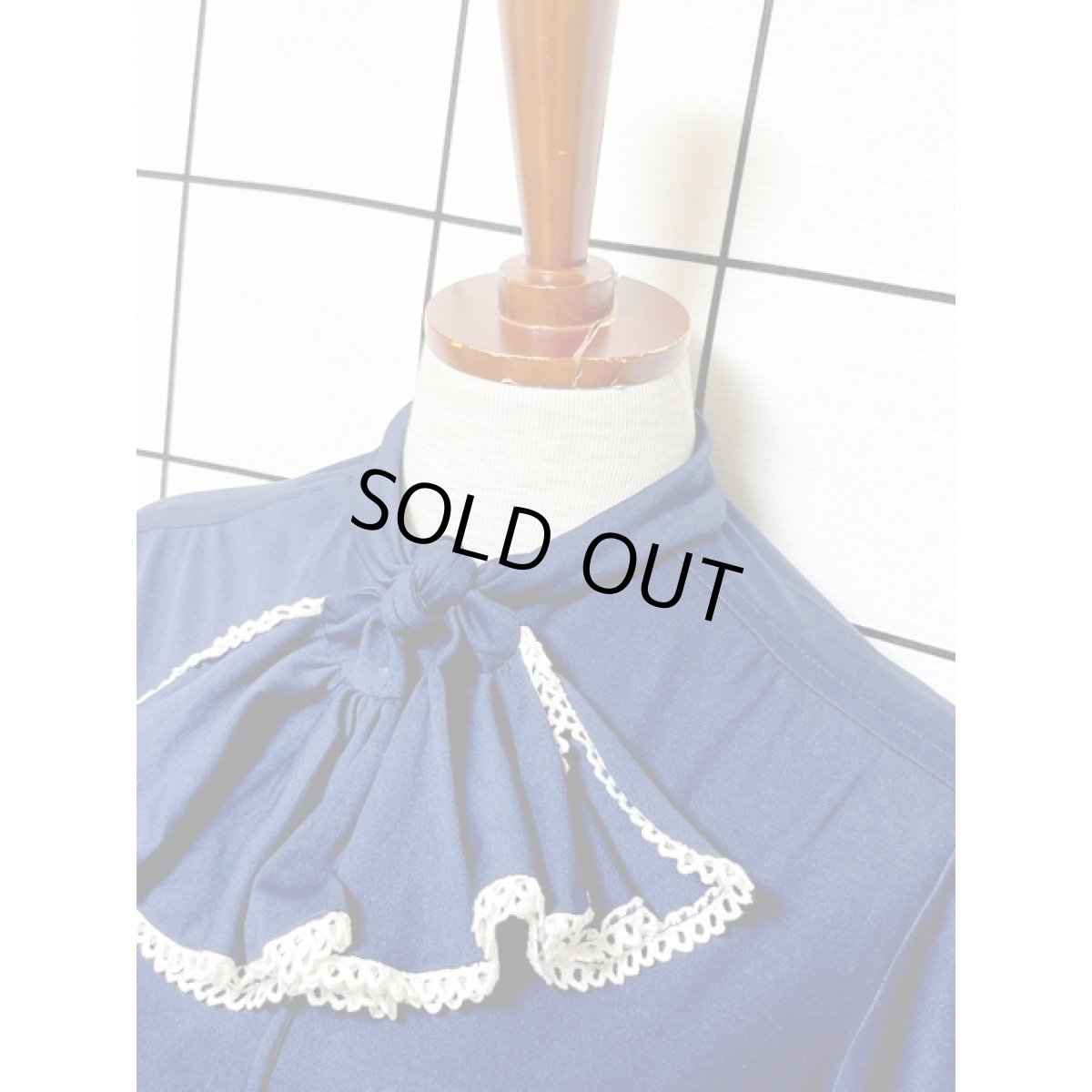 画像4: フロントフリルリボンタイ プリーツ切り替え ネイビー ウエストゴム レトロ アメリカ古着 ヴィンテージワンピース (4)