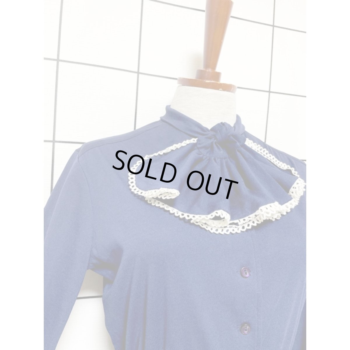 画像6: フロントフリルリボンタイ プリーツ切り替え ネイビー ウエストゴム レトロ アメリカ古着 ヴィンテージワンピース (6)