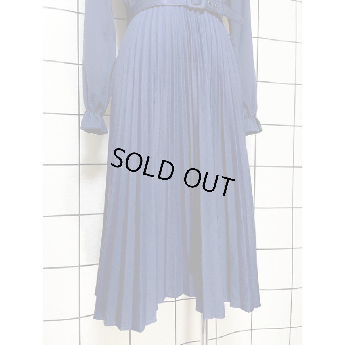 画像8: フロントフリルリボンタイ プリーツ切り替え ネイビー ウエストゴム レトロ アメリカ古着 ヴィンテージワンピース (8)