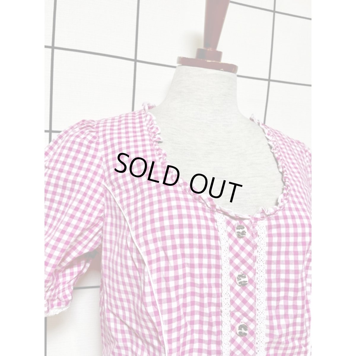 画像8: ギンガムチェック フリル レース バックリボン ピンク ホワイト ガーリー ディアンドル チロルブラウス (8)