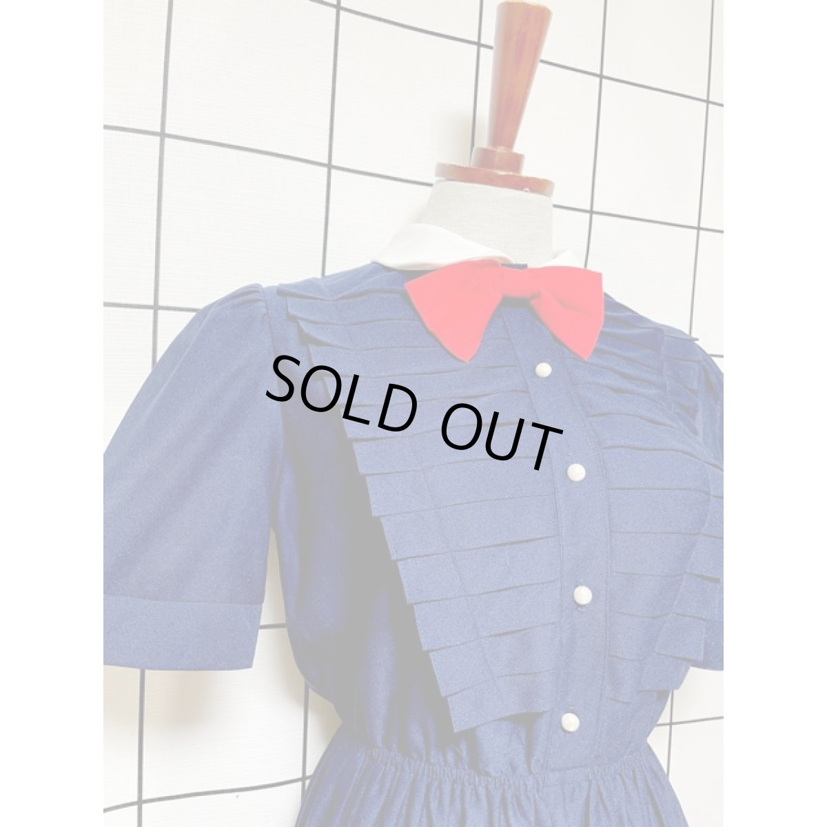 画像6: フロントデザイン リボン ネイビー ウエストゴム レトロ アメリカ古着 ヴィンテージワンピース (6)