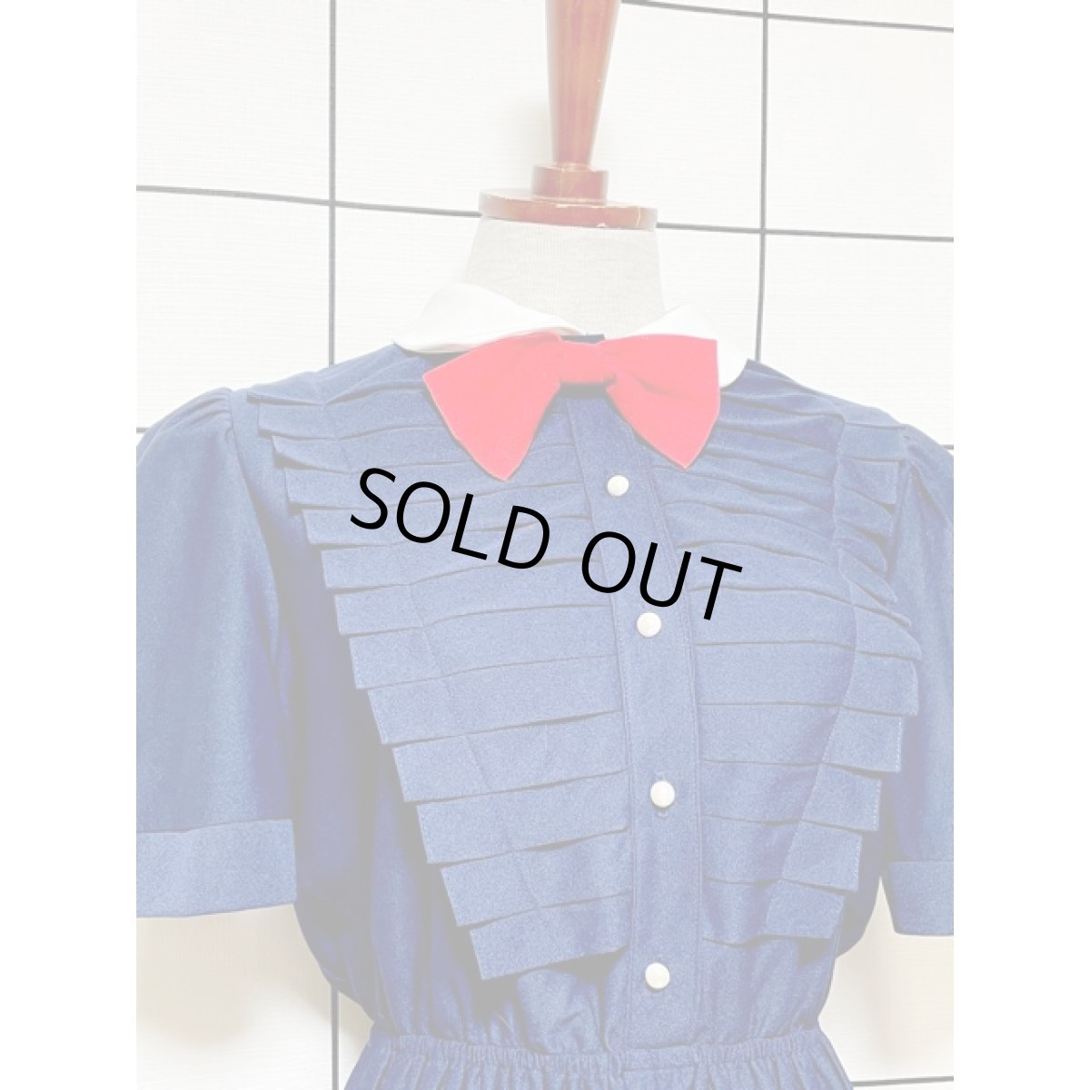 画像5: フロントデザイン リボン ネイビー ウエストゴム レトロ アメリカ古着 ヴィンテージワンピース (5)