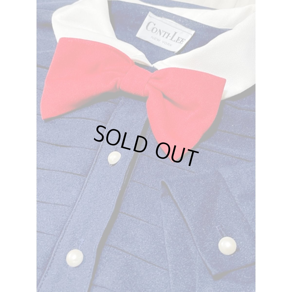 画像8: フロントデザイン リボン ネイビー ウエストゴム レトロ アメリカ古着 ヴィンテージワンピース (8)