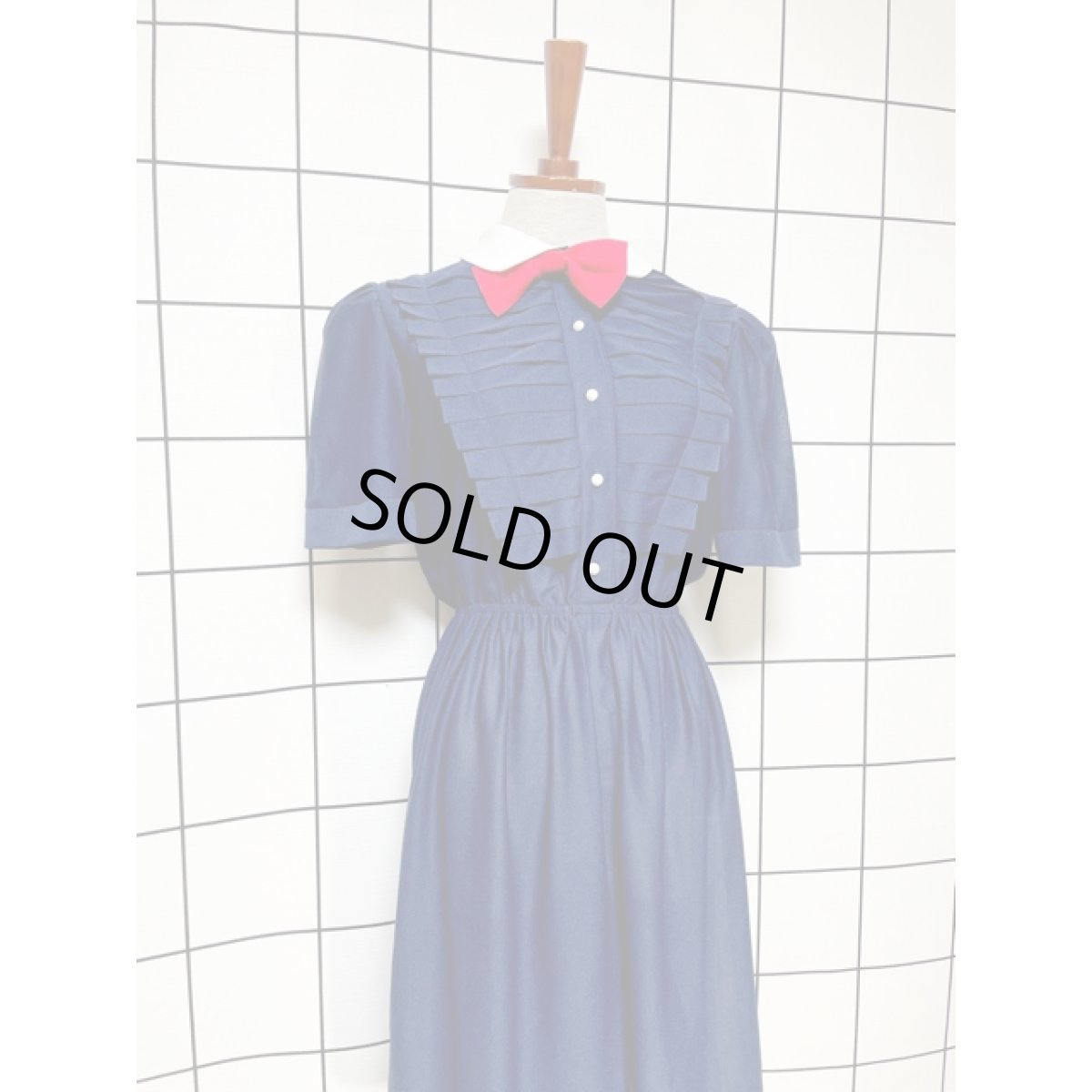 画像3: フロントデザイン リボン ネイビー ウエストゴム レトロ アメリカ古着 ヴィンテージワンピース (3)