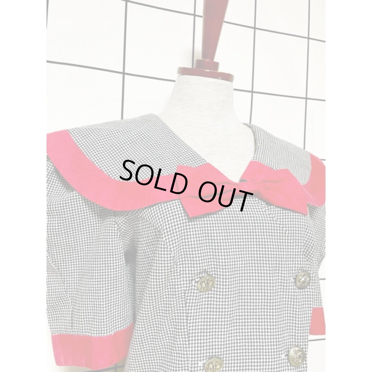 画像7: 大きな襟 ビッグカラー ギンガムチェック フロントリボン レトロ アメリカ古着 ヴィンテージワンピース (7)