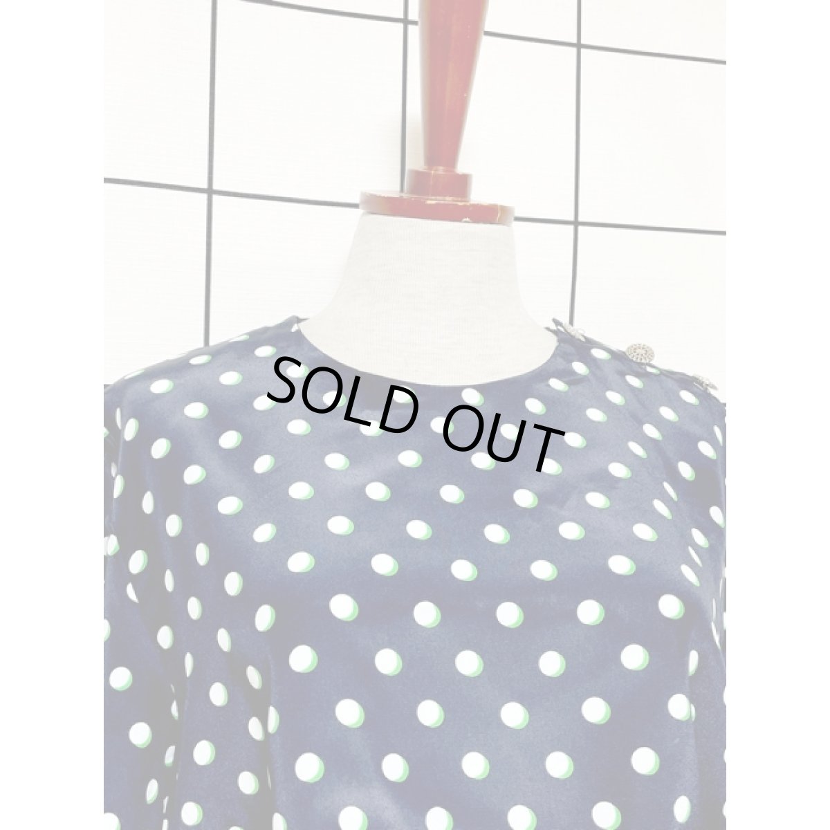 画像6: ドット バックル付きベルト ネイビー プリーツ ウエストゴム レトロ Guatemala 古着 ヴィンテージワンピース (6)