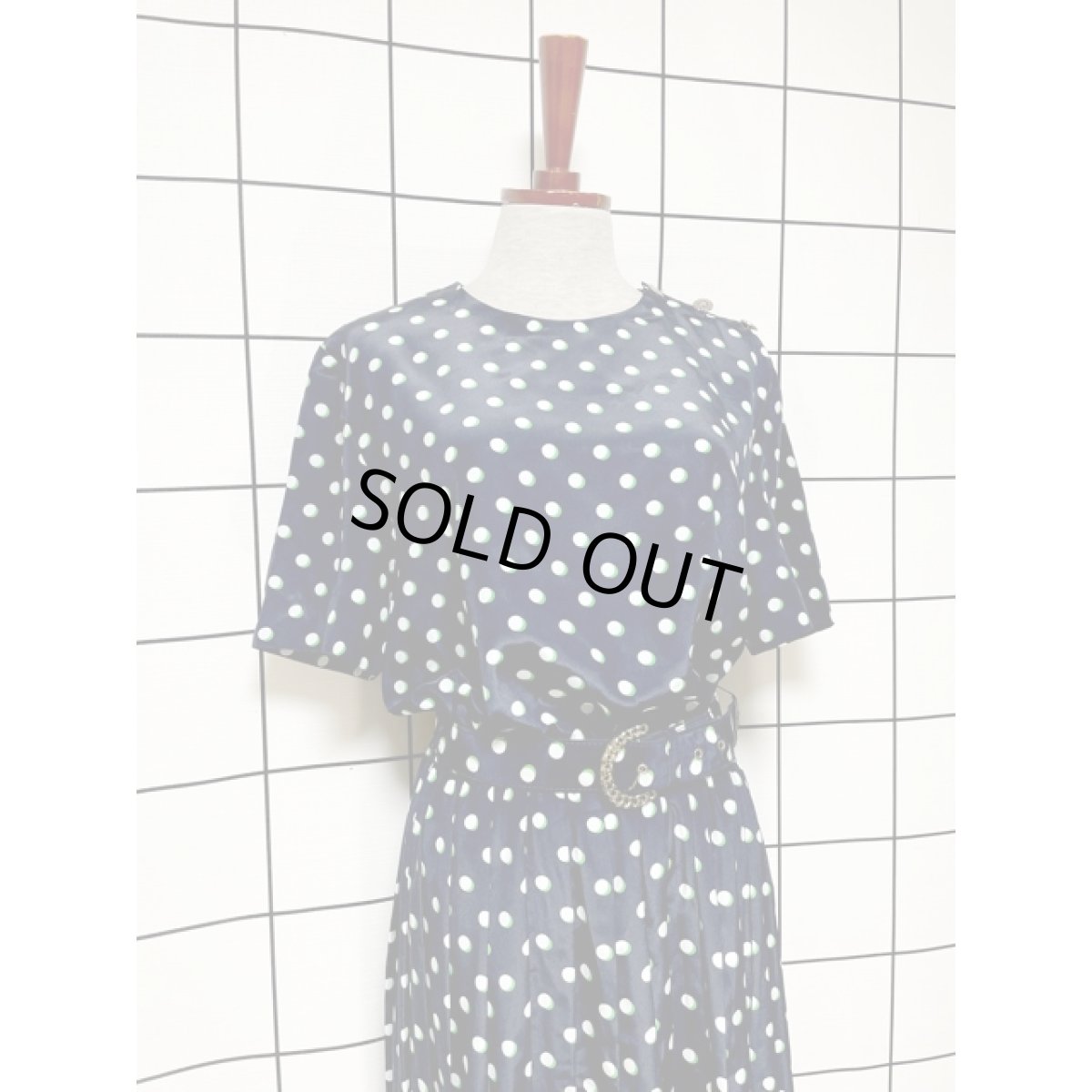 画像3: ドット バックル付きベルト ネイビー プリーツ ウエストゴム レトロ Guatemala 古着 ヴィンテージワンピース (3)