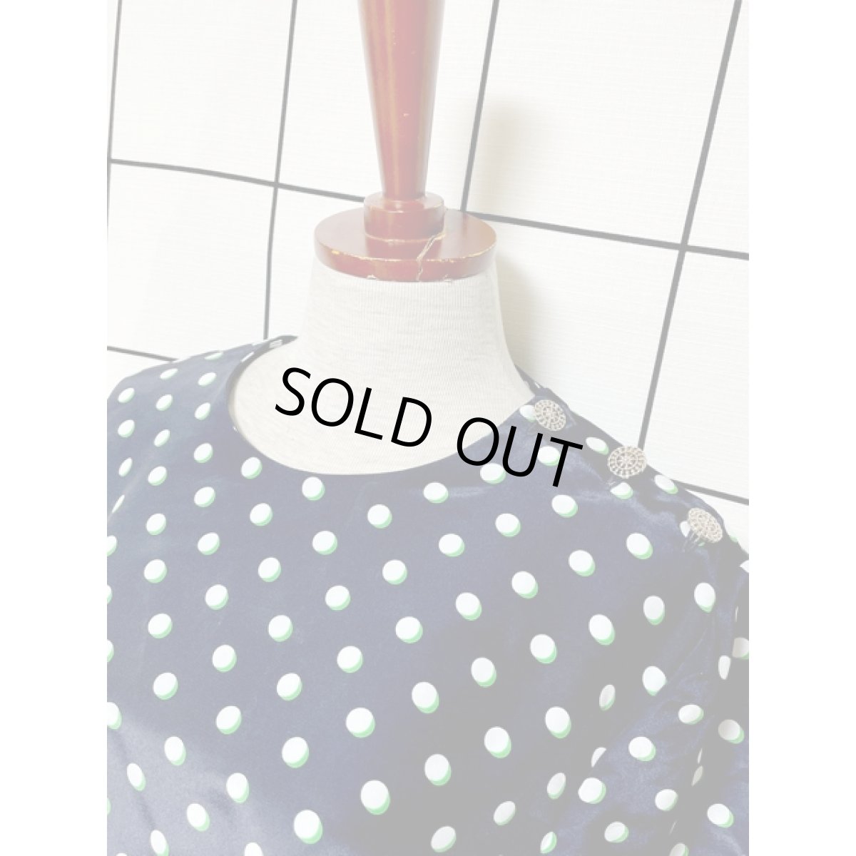 画像4: ドット バックル付きベルト ネイビー プリーツ ウエストゴム レトロ Guatemala 古着 ヴィンテージワンピース (4)