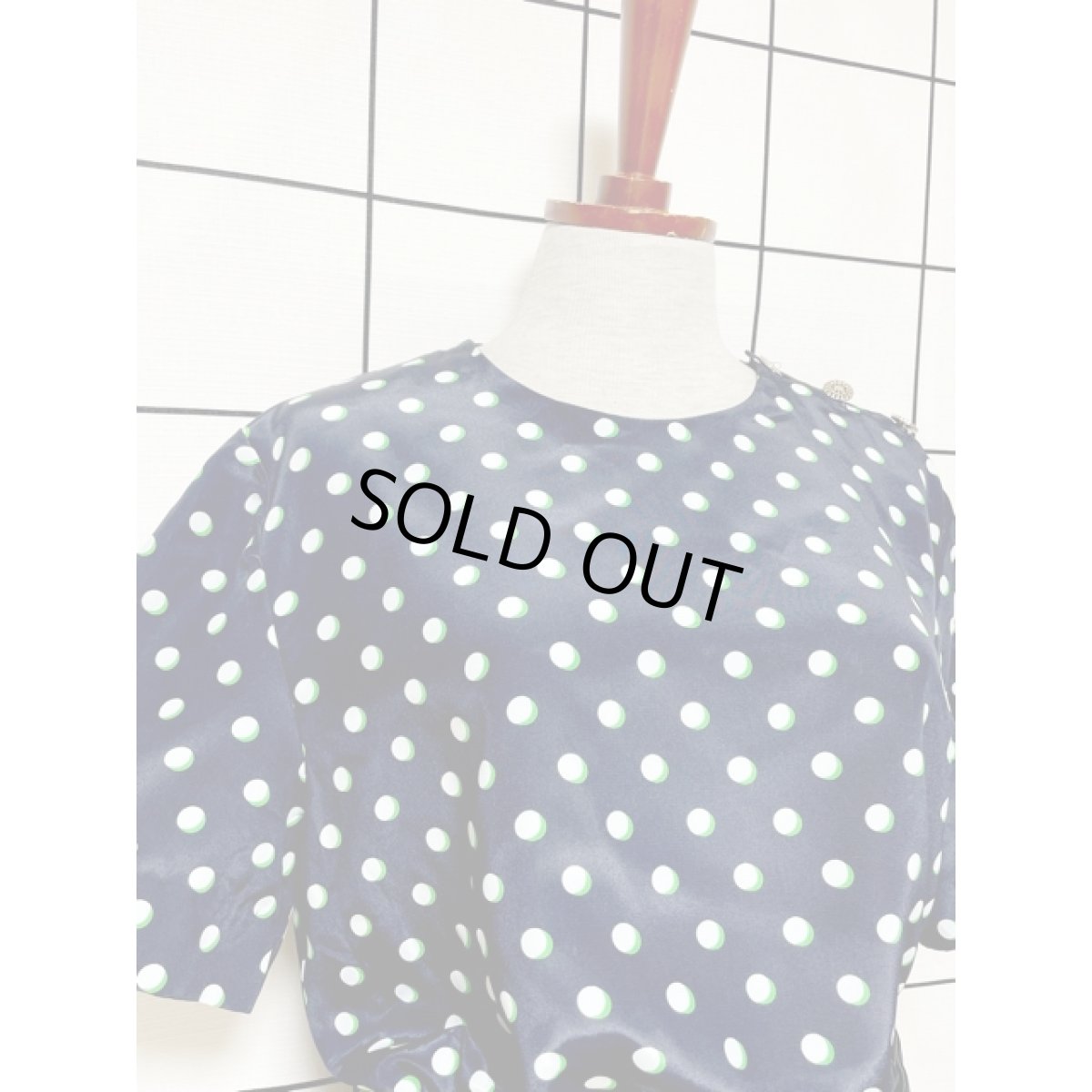 画像7: ドット バックル付きベルト ネイビー プリーツ ウエストゴム レトロ Guatemala 古着 ヴィンテージワンピース (7)