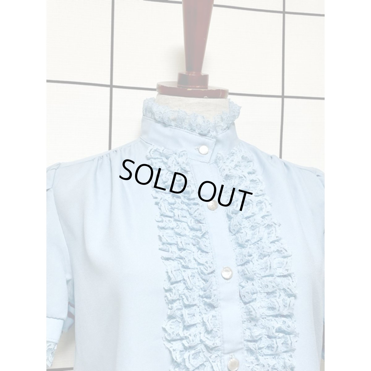 画像5: フロントフリルレース ライトブルー 無地 スタンドカラー パフスリーブ アメリカ古着 レトロ シャツ ヴィンテージブラウス (5)