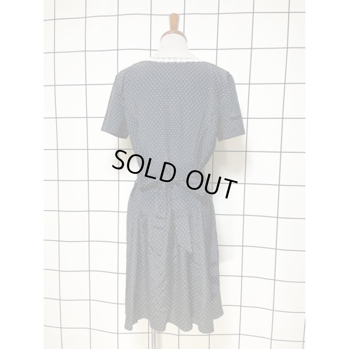 画像2: ドット レース ブラック バックリボン 前開き レトロ アメリカ古着 ヴィンテージシャツワンピース (2)