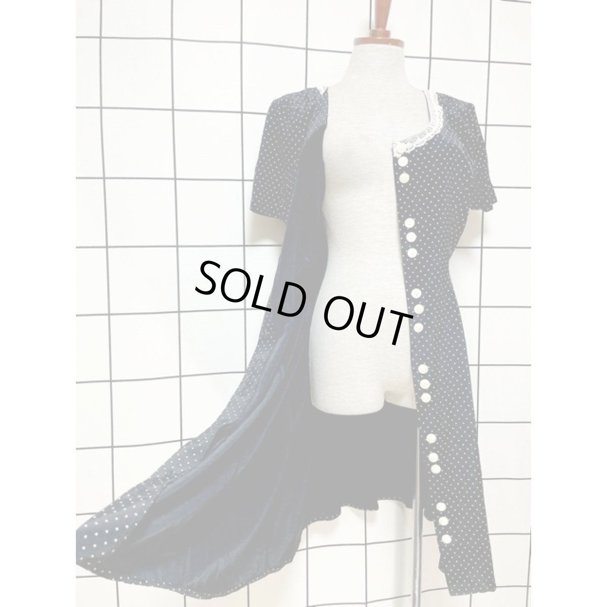 画像11: ドット レース ブラック バックリボン 前開き レトロ アメリカ古着 ヴィンテージシャツワンピース (11)