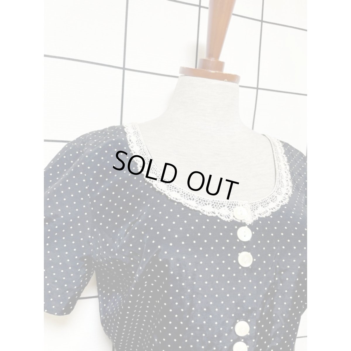 画像7: ドット レース ブラック バックリボン 前開き レトロ アメリカ古着 ヴィンテージシャツワンピース (7)