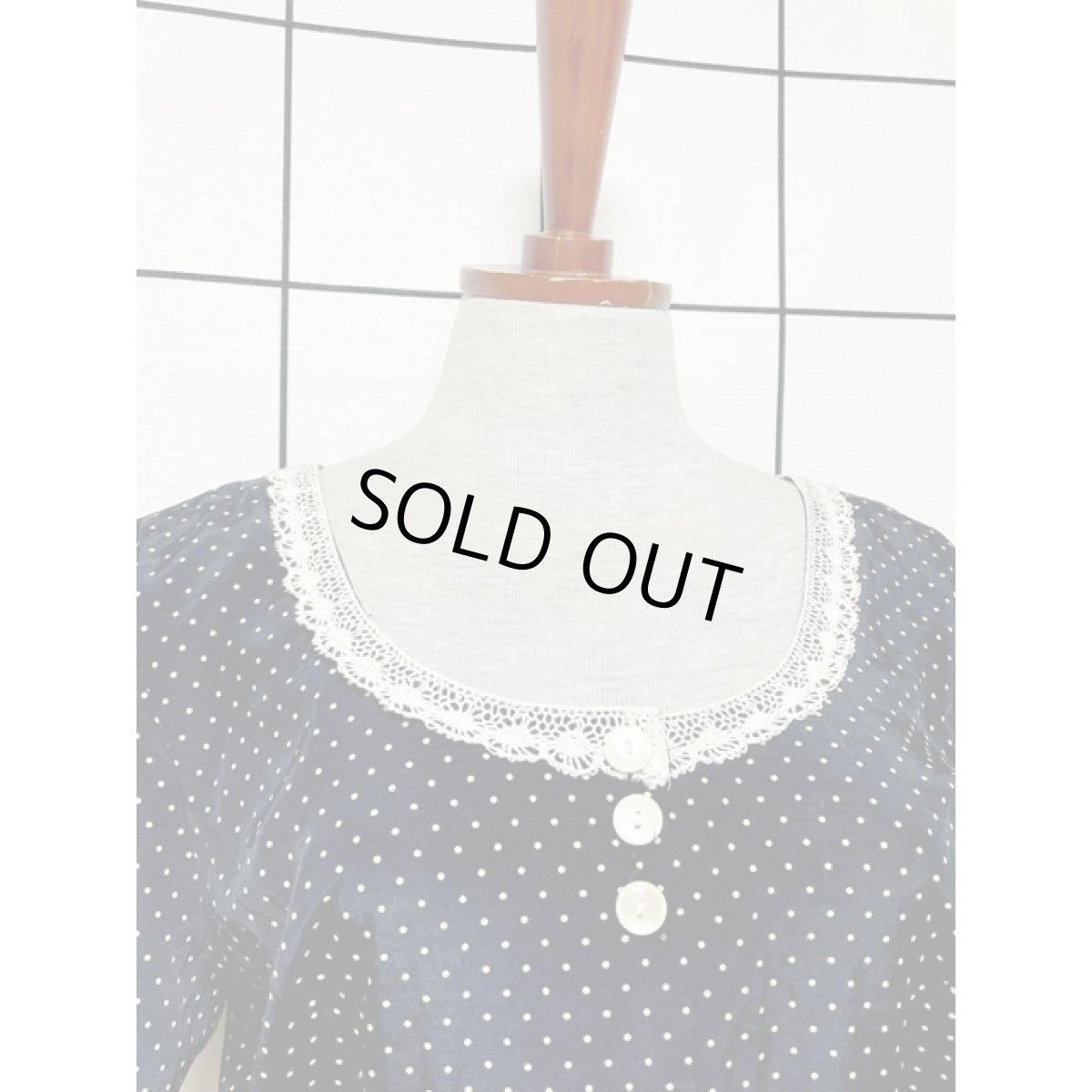 画像6: ドット レース ブラック バックリボン 前開き レトロ アメリカ古着 ヴィンテージシャツワンピース (6)