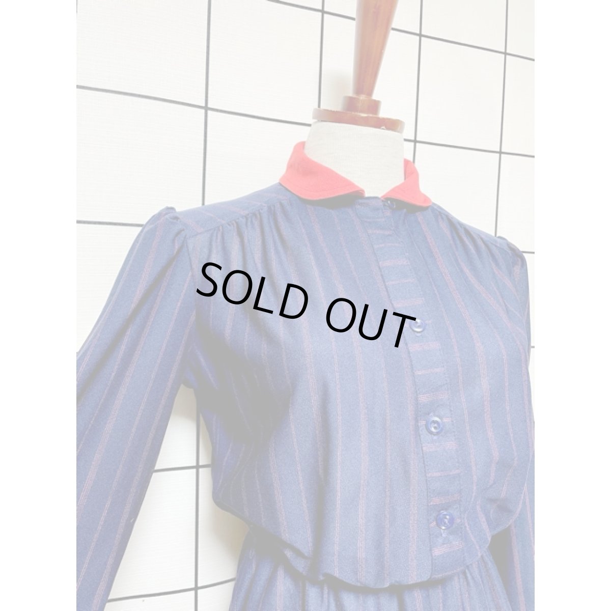 画像6: ストライプ ネイビー ウエストゴム レトロ アメリカ古着 ヴィンテージワンピース (6)