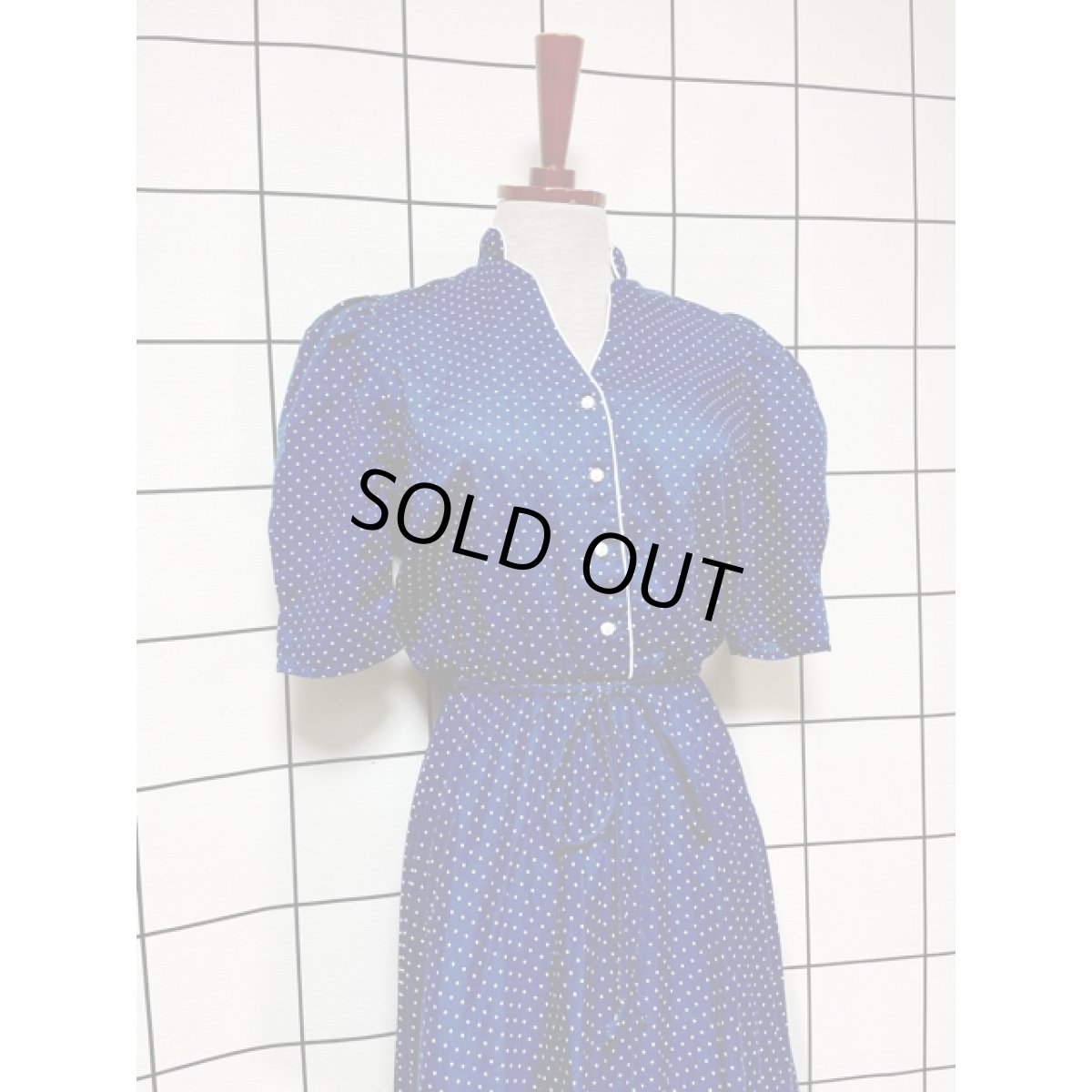 画像3: ドット柄 プリーツ切り替え ネイビー リボン ウエストゴム 半袖 レトロ アメリカ古着 ヴィンテージワンピース (3)
