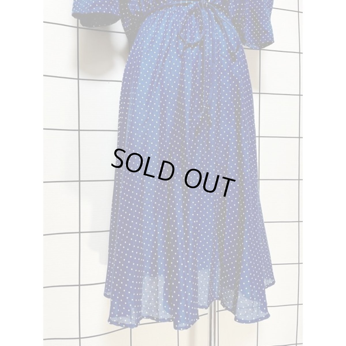 画像8: ドット柄 プリーツ切り替え ネイビー リボン ウエストゴム 半袖 レトロ アメリカ古着 ヴィンテージワンピース (8)