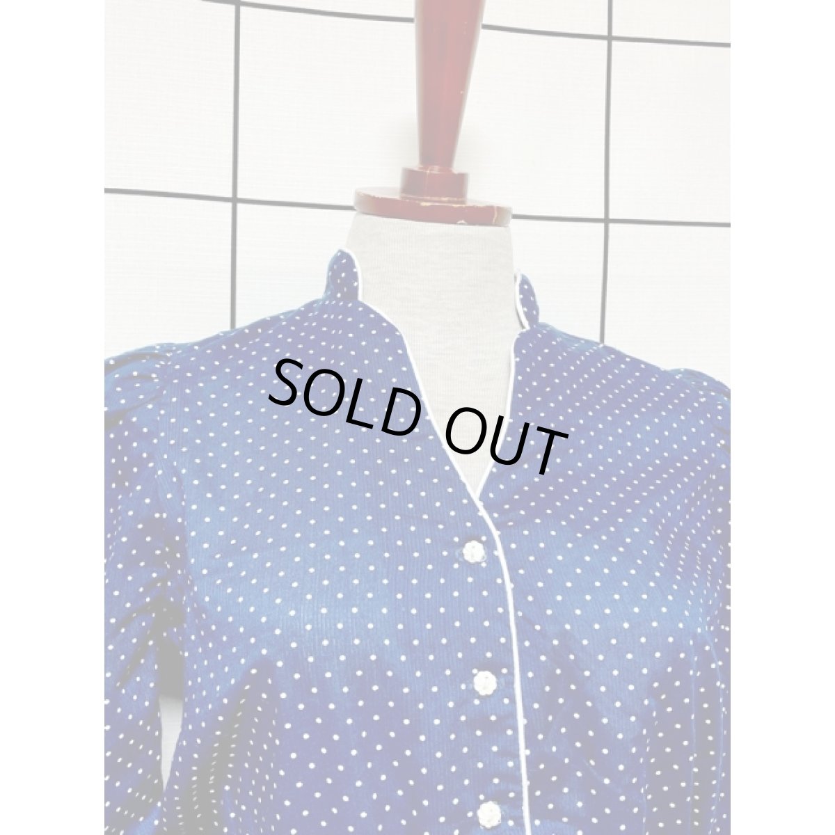 画像5: ドット柄 プリーツ切り替え ネイビー リボン ウエストゴム 半袖 レトロ アメリカ古着 ヴィンテージワンピース (5)