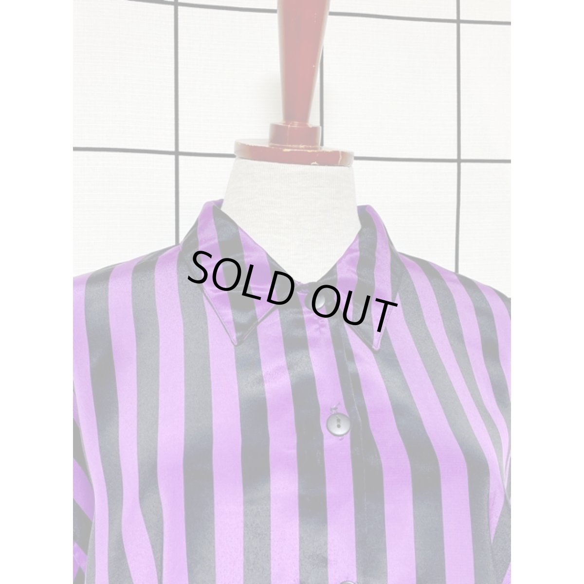 画像5: ストライプ 大きめ オーバーサイズコーデにも ブラック パープル レトロ アメリカ古着 長袖 シャツ ヴィンテージブラウス (5)