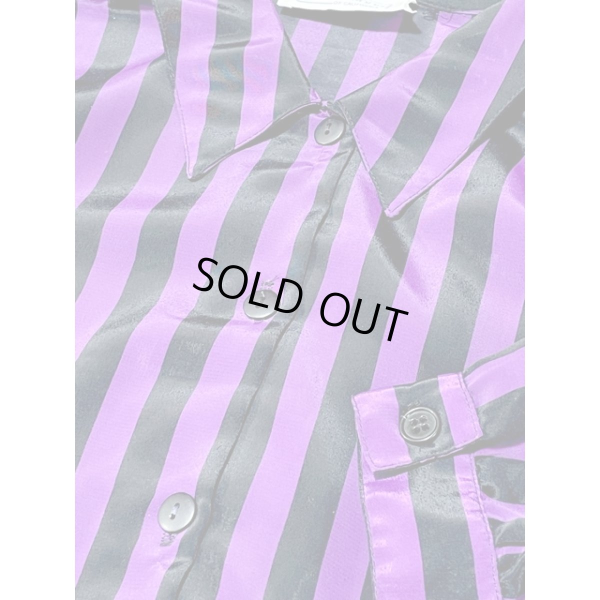 画像8: ストライプ 大きめ オーバーサイズコーデにも ブラック パープル レトロ アメリカ古着 長袖 シャツ ヴィンテージブラウス (8)