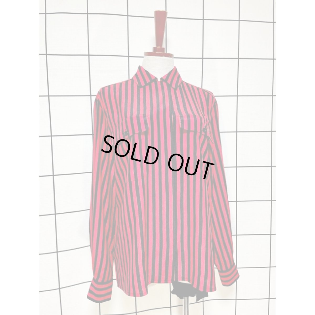 画像3: ストライプ柄 ブラック レッド レトロ アメリカ古着 長袖 シャツ ヴィンテージブラウス (3)