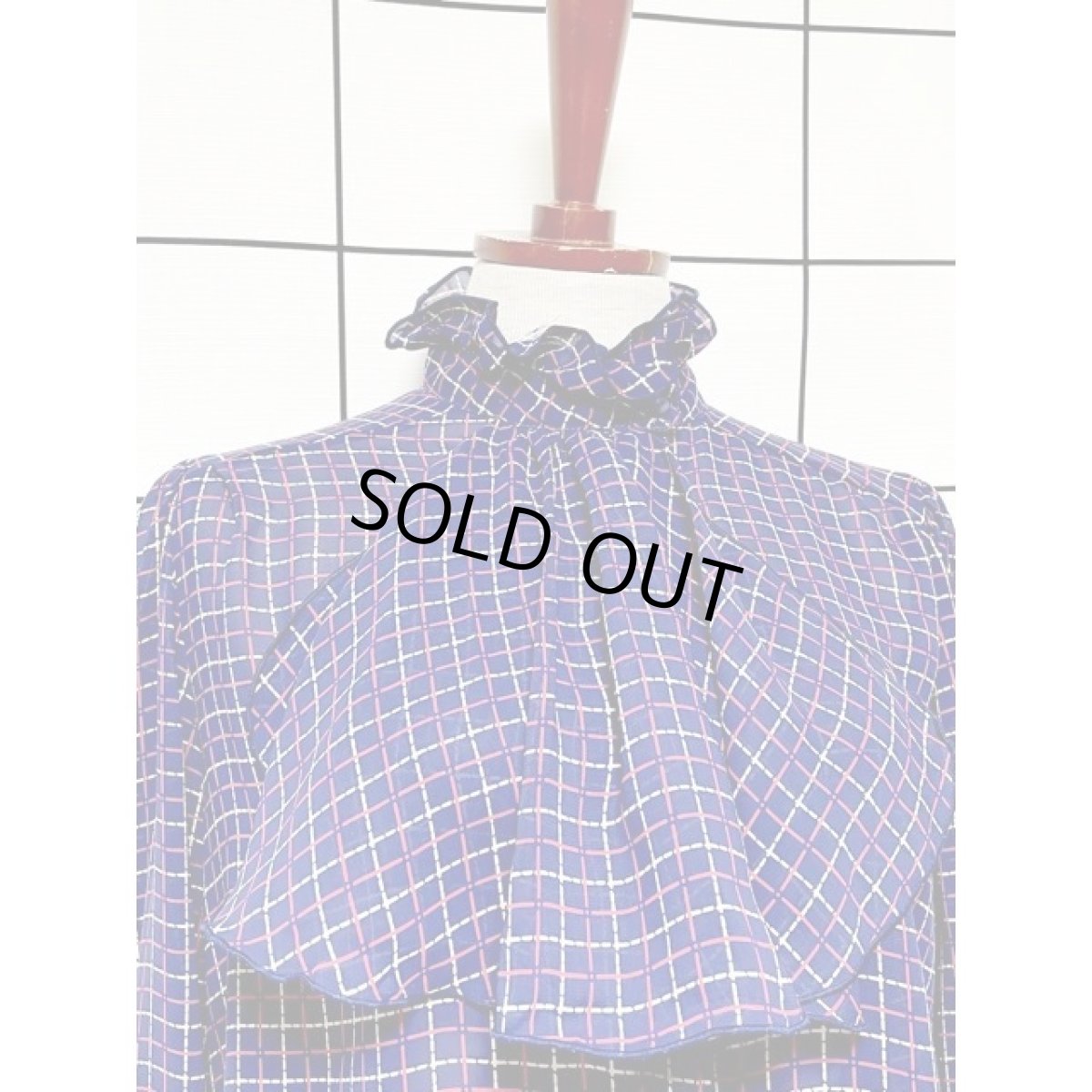 画像5: フロントフリル チェック スタンドカラー アメリカ古着 レトロ シャツ ヴィンテージブラウス (5)