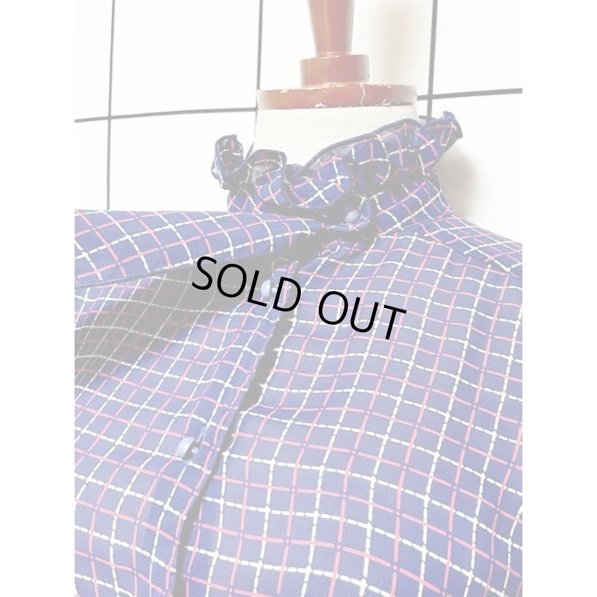 画像8: フロントフリル チェック スタンドカラー アメリカ古着 レトロ シャツ ヴィンテージブラウス (8)