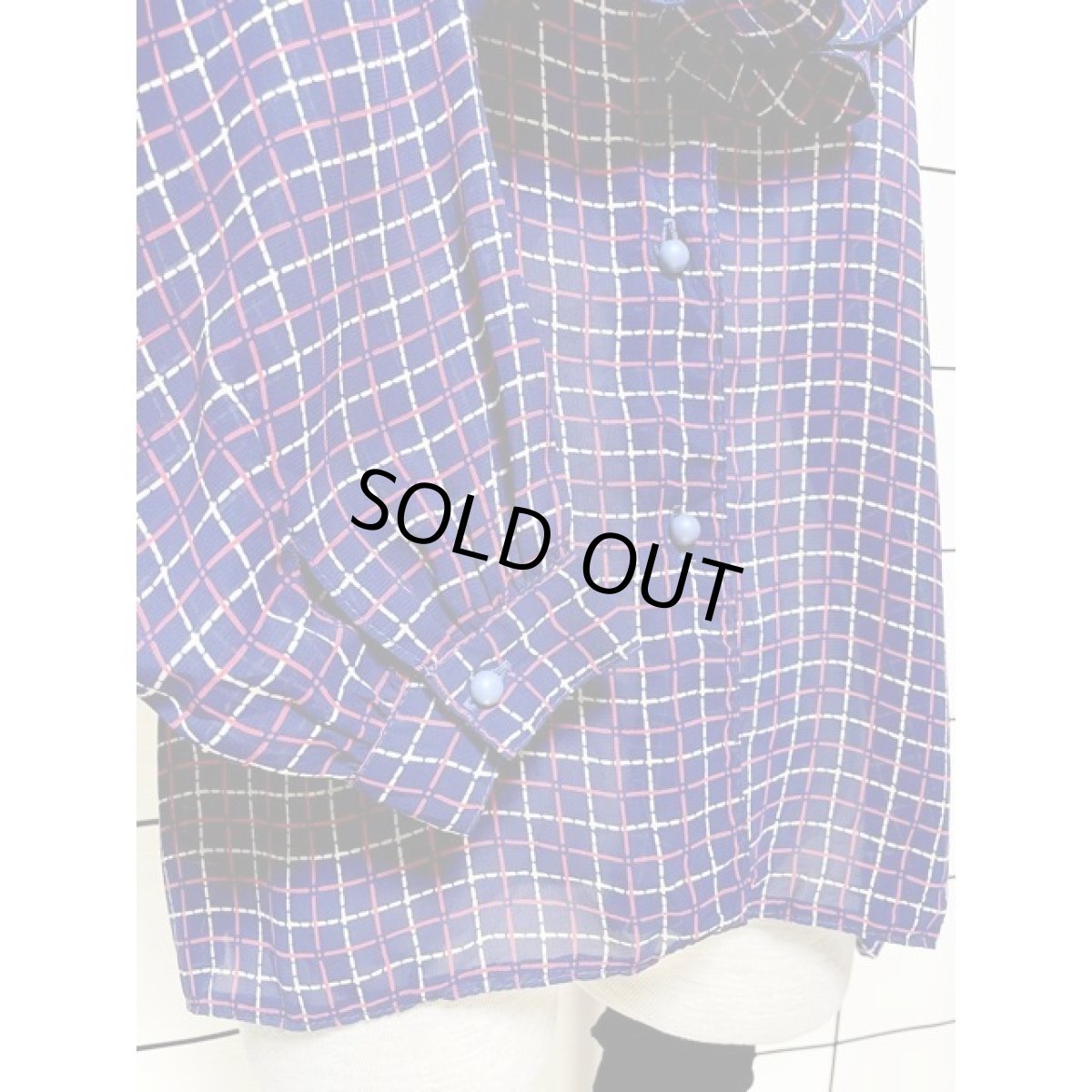 画像7: フロントフリル チェック スタンドカラー アメリカ古着 レトロ シャツ ヴィンテージブラウス (7)