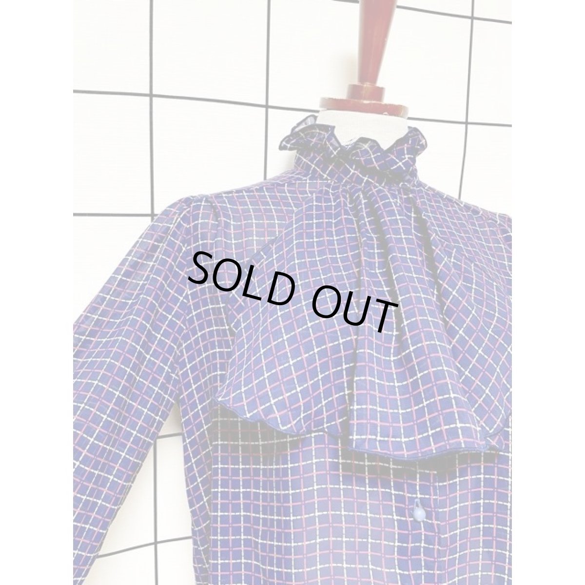 画像6: フロントフリル チェック スタンドカラー アメリカ古着 レトロ シャツ ヴィンテージブラウス (6)