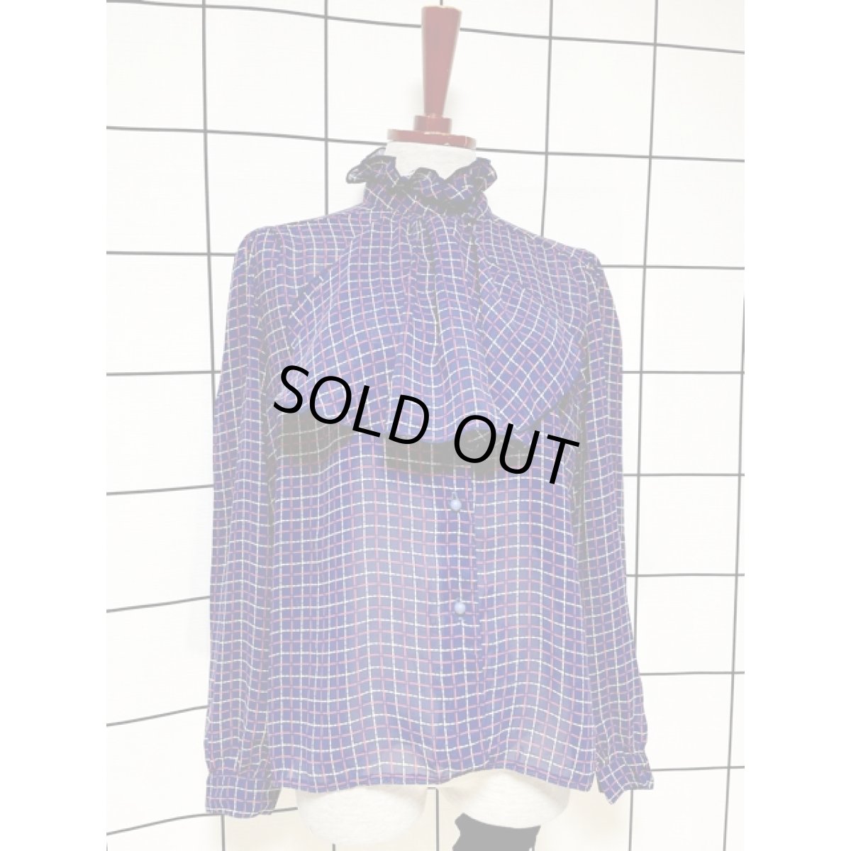 画像3: フロントフリル チェック スタンドカラー アメリカ古着 レトロ シャツ ヴィンテージブラウス (3)