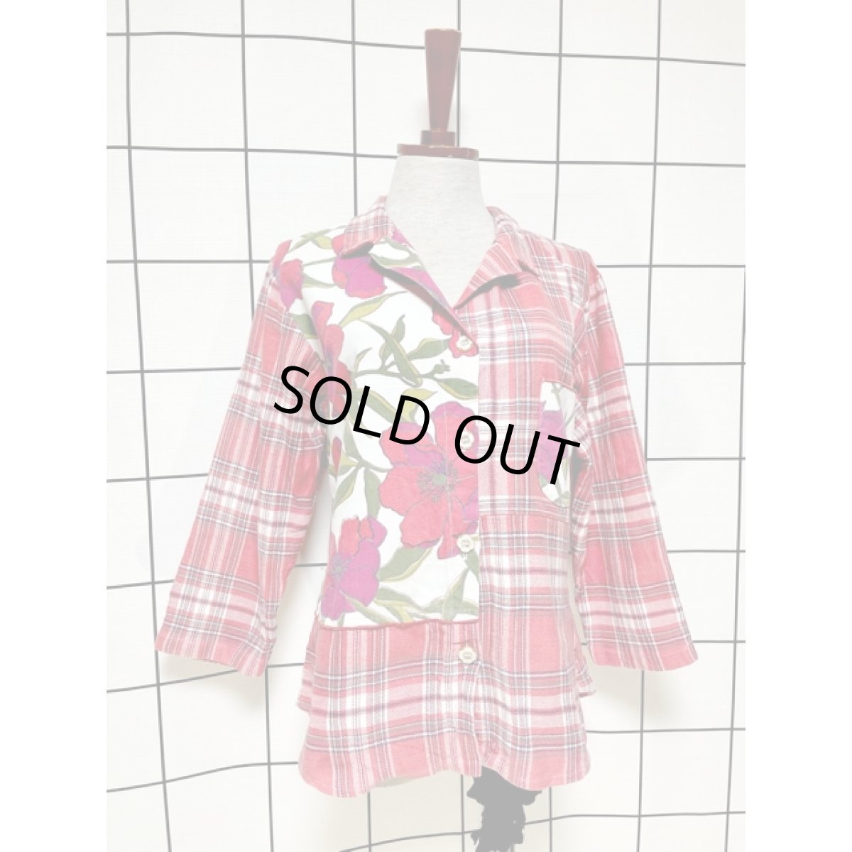 画像4: チェック 花柄 切り替えし アメリカ古着 シャツ ヴィンテージブラウス (4)