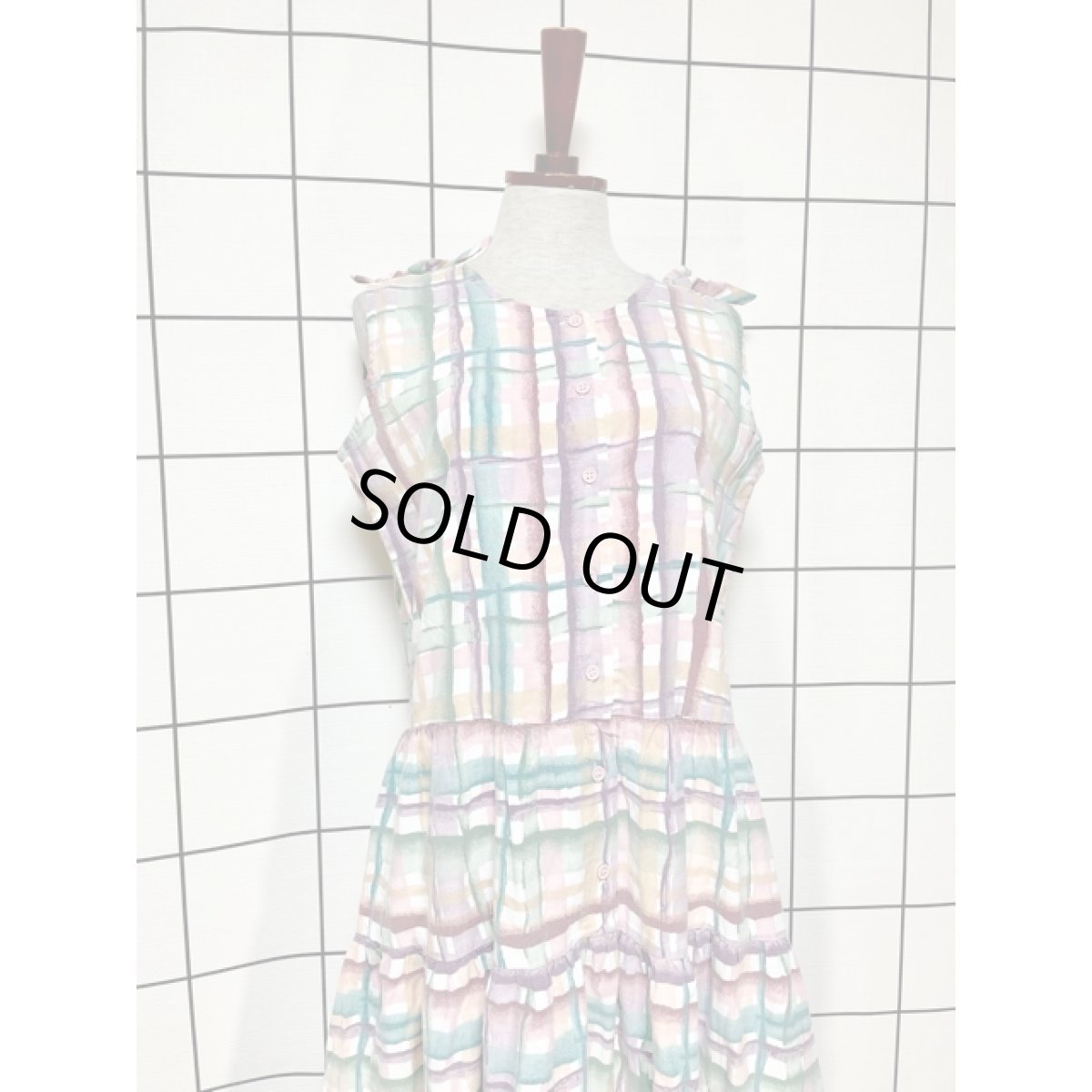 画像3: チェック柄 肩リボン レトロ アメリカ古着 ノースリーブ ヴィンテージワンピース (3)