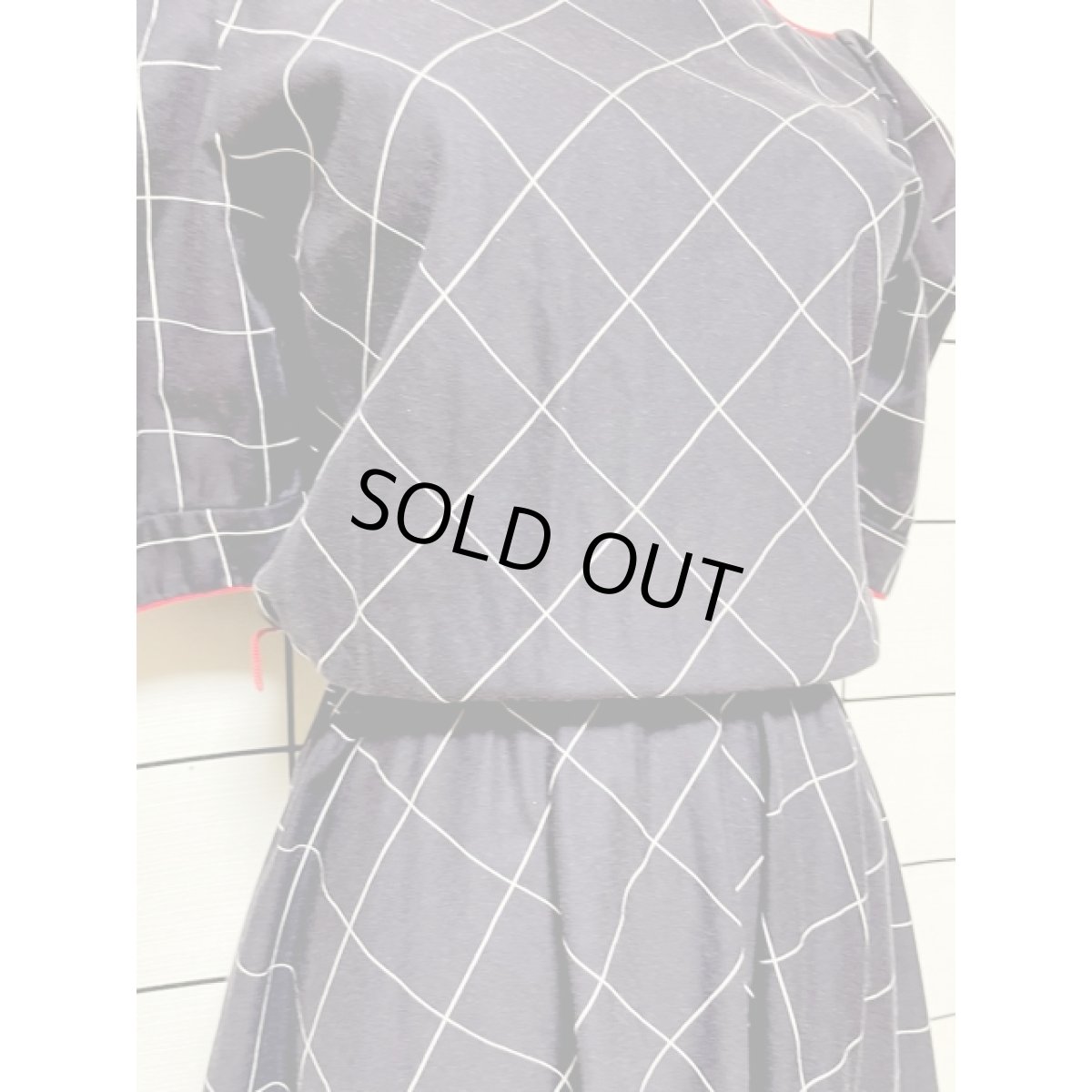 画像7: チェック柄 ネイビー レッド ウエストゴム レトロ アメリカ古着 ヴィンテージワンピース (7)