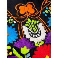 画像17: メキシカン刺繍 鳥刺繍 ブラック 黒 フォークロア 半袖 レトロ Mexico 古着 ヴィンテージメキシカンドレス (17)