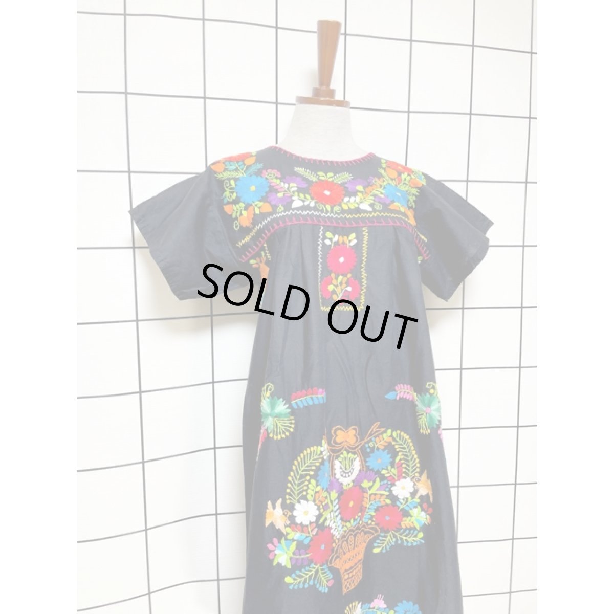 画像4: メキシカン刺繍 鳥刺繍 ブラック 黒 フォークロア 半袖 レトロ Mexico 古着 ヴィンテージメキシカンドレス (4)