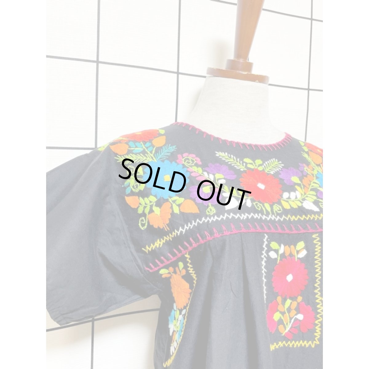 画像7: メキシカン刺繍 鳥刺繍 ブラック 黒 フォークロア 半袖 レトロ Mexico 古着 ヴィンテージメキシカンドレス (7)