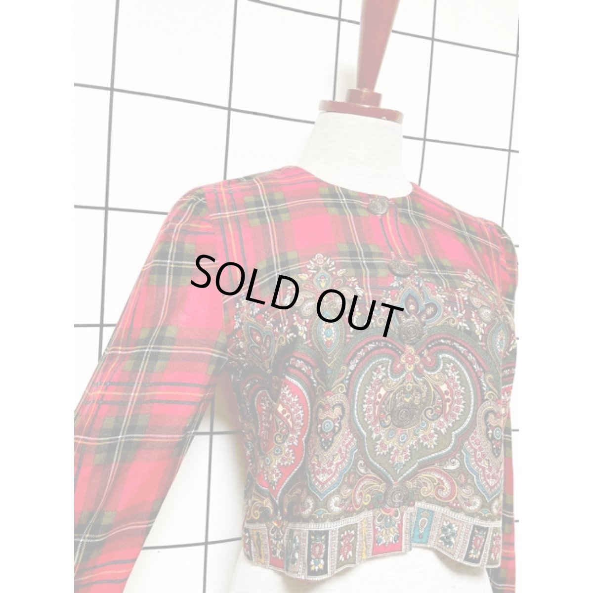 画像7: ショート丈 チェック オリエンタル レッド アメリカ古着 シャツ ヴィンテージブラウス (7)