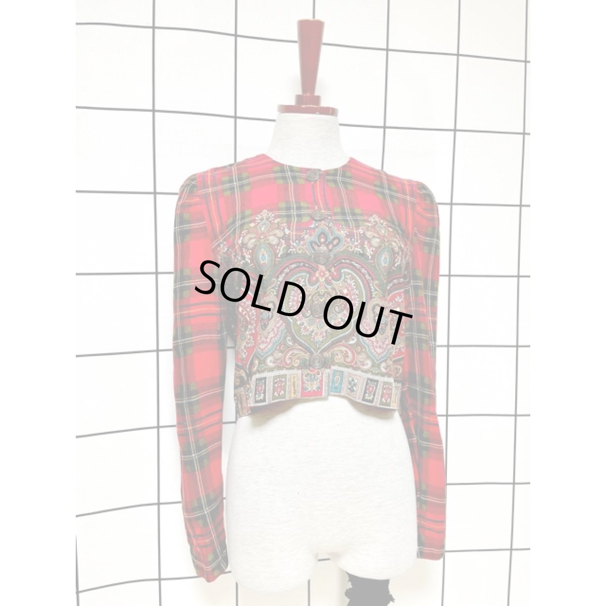 画像4: ショート丈 チェック オリエンタル レッド アメリカ古着 シャツ ヴィンテージブラウス (4)