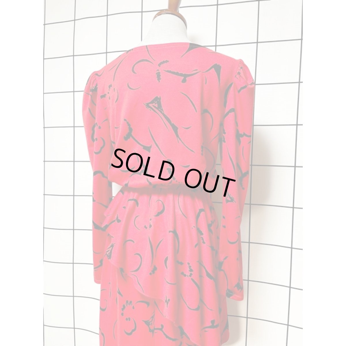 画像3: アート調 レッド ウエストゴム 長袖 レトロ アメリカ古着 ヴィンテージワンピース (3)